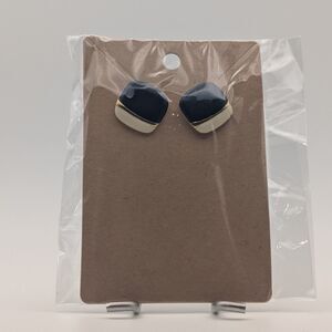 Navy Blue & Cream Enamel Square Stud Earrings – Gold Tone Color block